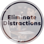 Text that says "eliminate distractions" with photo of woman working and drinking coffee behind it