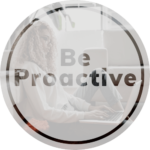 Text that says "Be Proactive" with woman on laptop behind